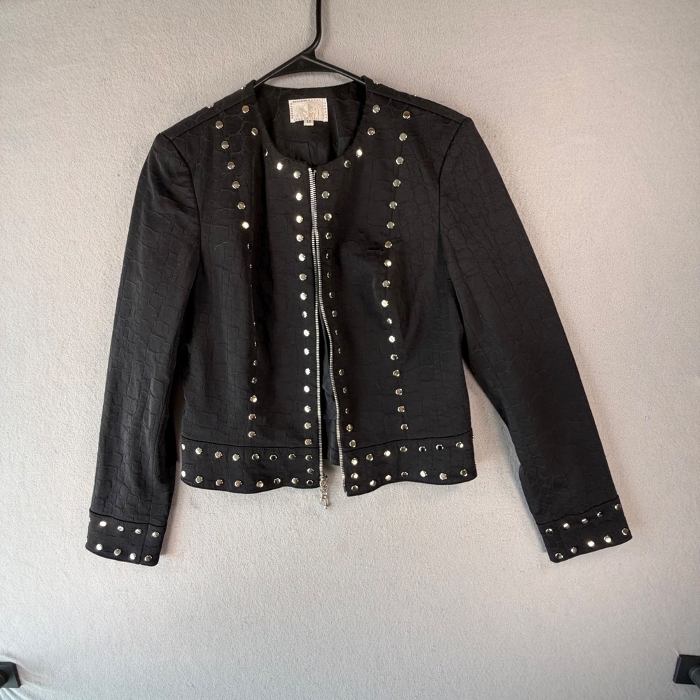 Vintage 90s Alberto Makali Womens 12 Black Studded Jacket Cotton Blend Made USA
